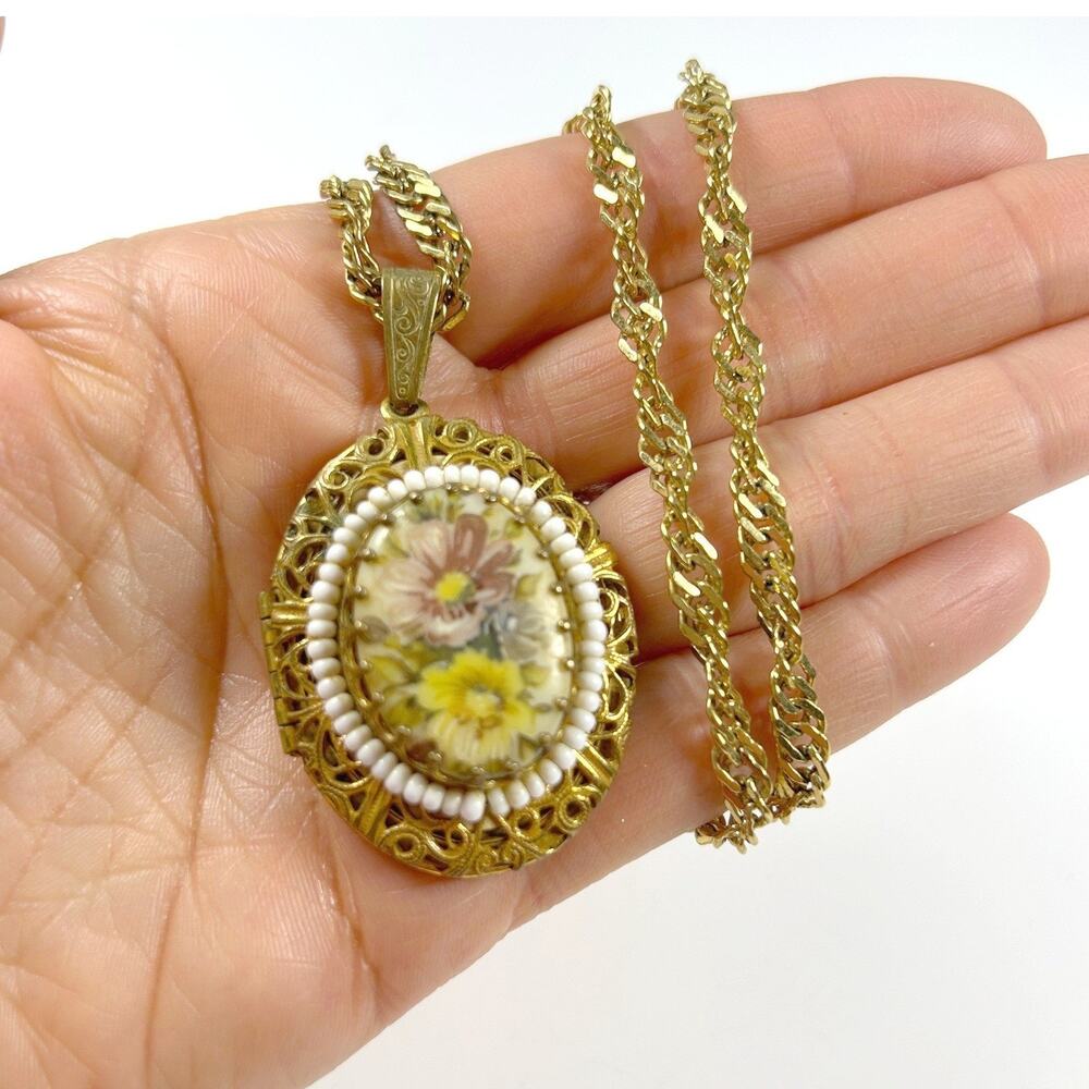 Miriam Haskell Floral Locket Pendant Necklace Gold Tone Filigree Seed Bead 24"